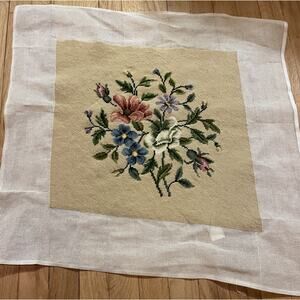 Vintage Reworked Wool Floral Needlepoint Canvas w/Petit Point Approx 17" Square